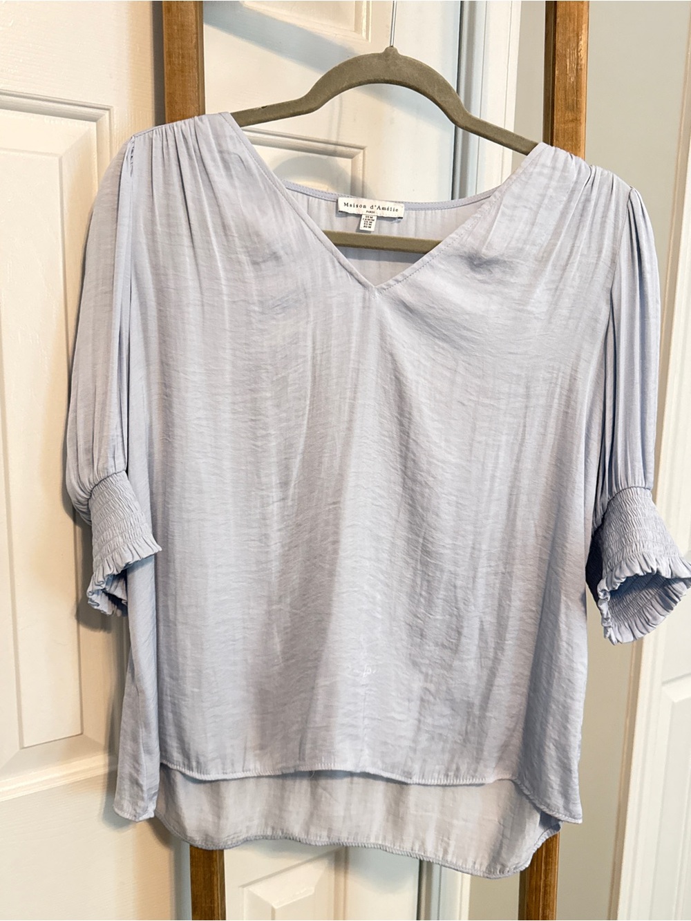 Maison d’Amelie Light Blue V-Neck Blouse with smocked Cuffs
